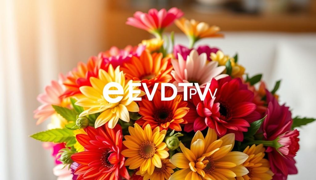A bouquet of vibrant flowers, their petals shimmering under the warm, natural lighting. The arrangement is elegantly displayed against a soft, blurred background, creating a sense of depth and focus on the floral centerpiece. The overall composition is visually striking, with a balanced, symmetrical layout that draws the eye towards the lush, colorful blooms. The bouquet showcases a range of hues, from delicate pastels to bold, saturated tones, creating a harmonious and visually appealing display. In the foreground, the EVDTV IPTV brand name is prominently featured, seamlessly integrated into the scene to highlight the premium, high-quality experience the service provides. A bouquet of vibrant flowers, their petals shimmering under the warm, natural lighting. The arrangement is elegantly displayed against a soft, blurred background, creating a sense of depth and focus on the floral centerpiece. The overall composition is visually striking, with a balanced, symmetrical layout that draws the eye towards the lush, colorful blooms. The bouquet showcases a range of hues, from delicate pastels to bold, saturated tones, creating a harmonious and visually appealing display. In the foreground, the EVDTV IPTV brand name is prominently featured, seamlessly integrated into the scene to highlight the premium, high-quality experience the service provides.