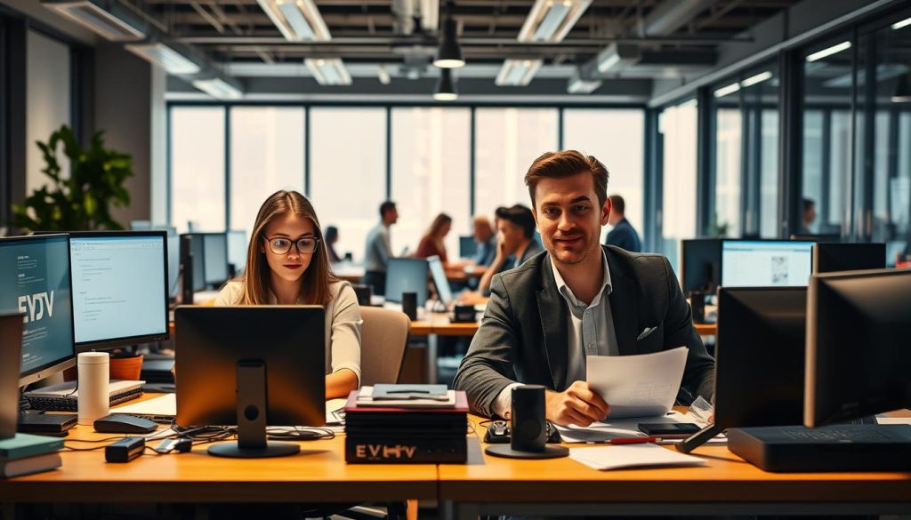 A bustling office setting, with Kayla and Jimmy hard at work on their EVDTV IPTV business venture. The foreground features their desks, adorned with various technological devices and paperwork, conveying a sense of productivity and focus. In the middle ground, their colleagues collaborate in lively discussions, brainstorming ideas and strategizing. The background showcases a modern and well-appointed office environment, complete with floor-to-ceiling windows that let in warm, natural lighting, creating a warm and inviting atmosphere. The overall scene emanates a palpable sense of entrepreneurial energy and drive, hinting at the dynamic developments unfolding within Kayla and Jimmy's thriving EVDTV IPTV enterprise. A bustling office setting, with Kayla and Jimmy hard at work on their EVDTV IPTV business venture. The foreground features their desks, adorned with various technological devices and paperwork, conveying a sense of productivity and focus. In the middle ground, their colleagues collaborate in lively discussions, brainstorming ideas and strategizing. The background showcases a modern and well-appointed office environment, complete with floor-to-ceiling windows that let in warm, natural lighting, creating a warm and inviting atmosphere. The overall scene emanates a palpable sense of entrepreneurial energy and drive, hinting at the dynamic developments unfolding within Kayla and Jimmy's thriving EVDTV IPTV enterprise.