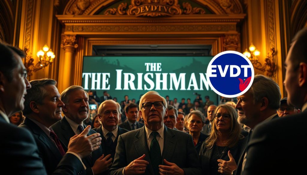 A captivating scene of critics gathered at the premiere of "The Irishman", eagerly discussing the film. In the foreground, a group of distinguished individuals gesticulate animatedly, their expressions ranging from rapt attention to animated debate. The middle ground features a backdrop of the grand theater entrance, with ornate architectural details and a swarm of paparazzi capturing the event. The lighting is warm and inviting, evoking a sense of cinematic grandeur. In the background, the EVDTV IPTV logo subtly adorns the scene, hinting at the availability of this acclaimed film. The overall atmosphere conveys the critical acclaim and fanfare surrounding the release of "The Irishman". A captivating scene of critics gathered at the premiere of "The Irishman", eagerly discussing the film. In the foreground, a group of distinguished individuals gesticulate animatedly, their expressions ranging from rapt attention to animated debate. The middle ground features a backdrop of the grand theater entrance, with ornate architectural details and a swarm of paparazzi capturing the event. The lighting is warm and inviting, evoking a sense of cinematic grandeur. In the background, the EVDTV IPTV logo subtly adorns the scene, hinting at the availability of this acclaimed film. The overall atmosphere conveys the critical acclaim and fanfare surrounding the release of "The Irishman".