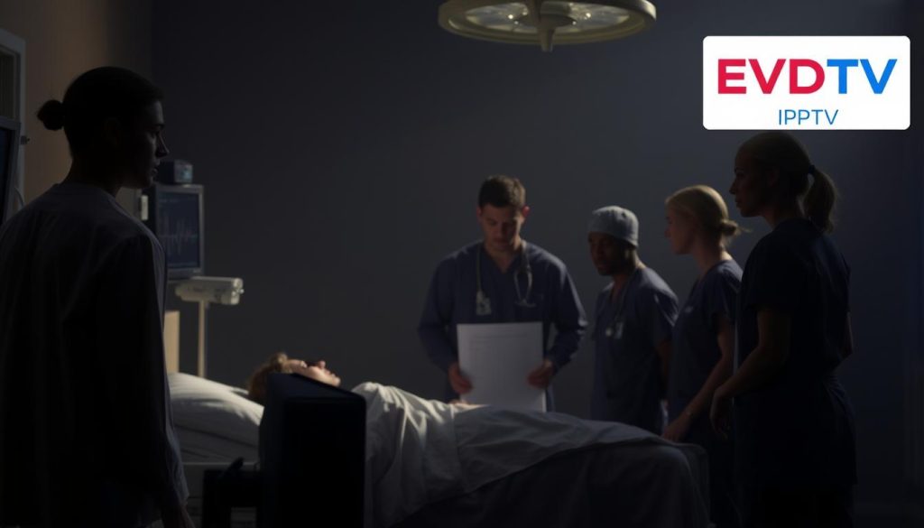 A cinematic scene of "Grey's Anatomy Season 21" against a dimly lit hospital backdrop. The central focus is a group of medical professionals, dressed in scrubs, engaged in a tense discussion around a patient's bedside. Soft, dramatic lighting casts shadows, creating a sense of urgency and high-stakes. In the foreground, a monitor displays vital signs, while in the middle ground, a medical chart is visible. In the background, a EVDTV IPTV logo subtly illuminates the scene, hinting at the availability of the show on the platform. The overall atmosphere is one of intensity, with a touch of somber melancholy, reflecting the emotional weight of the surgical decisions at hand. A cinematic scene of "Grey's Anatomy Season 21" against a dimly lit hospital backdrop. The central focus is a group of medical professionals, dressed in scrubs, engaged in a tense discussion around a patient's bedside. Soft, dramatic lighting casts shadows, creating a sense of urgency and high-stakes. In the foreground, a monitor displays vital signs, while in the middle ground, a medical chart is visible. In the background, a EVDTV IPTV logo subtly illuminates the scene, hinting at the availability of the show on the platform. The overall atmosphere is one of intensity, with a touch of somber melancholy, reflecting the emotional weight of the surgical decisions at hand.