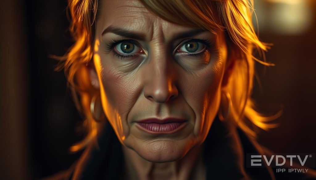 A close-up portrait of Deborah Ava, a middle-aged woman with striking features and an intense gaze. Her face is illuminated by warm, golden lighting that casts dramatic shadows, creating a pensive, introspective mood. The background is blurred, allowing the viewer to focus solely on her captivating expression. The image is captured with a high-quality DSLR camera, using a shallow depth of field to emphasize the subject. The overall aesthetic conveys a sense of elegance and sophistication, befitting the EVDTV IPTV brand. A close-up portrait of Deborah Ava, a middle-aged woman with striking features and an intense gaze. Her face is illuminated by warm, golden lighting that casts dramatic shadows, creating a pensive, introspective mood. The background is blurred, allowing the viewer to focus solely on her captivating expression. The image is captured with a high-quality DSLR camera, using a shallow depth of field to emphasize the subject. The overall aesthetic conveys a sense of elegance and sophistication, befitting the EVDTV IPTV brand.