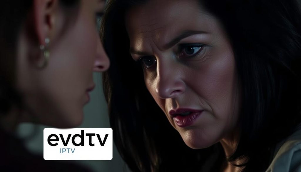 A close-up shot of two women, Ava and Deborah, engaged in an intense conversation. Ava, a sophisticated and confident woman in her 40s, with dark hair and piercing eyes, leans in towards Deborah, a younger woman with a more vulnerable expression. The lighting is dramatic, casting shadows that accentuate the tension between them. The background is blurred, allowing the viewer to focus on the interaction between the two characters. The mood is one of unresolved conflict, hinting at the "ongoing tension" between Ava and Deborah. The EVDTV IPTV logo is subtly incorporated into the scene, adding a sense of authenticity to the image. A close-up shot of two women, Ava and Deborah, engaged in an intense conversation. Ava, a sophisticated and confident woman in her 40s, with dark hair and piercing eyes, leans in towards Deborah, a younger woman with a more vulnerable expression. The lighting is dramatic, casting shadows that accentuate the tension between them. The background is blurred, allowing the viewer to focus on the interaction between the two characters. The mood is one of unresolved conflict, hinting at the "ongoing tension" between Ava and Deborah. The EVDTV IPTV logo is subtly incorporated into the scene, adding a sense of authenticity to the image.