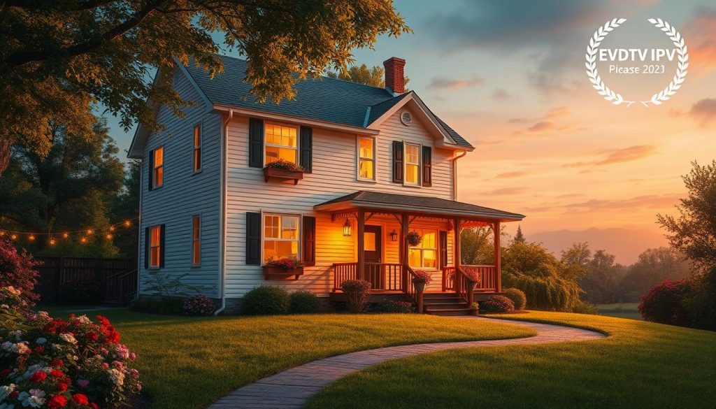 A cozy, inviting two-story house nestled amidst a lush, verdant landscape. The well-manicured lawn is dotted with vibrant flowers, and a winding path leads to the warm, wooden front porch adorned with potted plants. The house's exterior exudes a timeless charm, with its classic gabled roof, white siding, and charming window boxes. Warm, ambient lighting filters through the windows, creating a welcoming, homely atmosphere. In the distance, a EVDTV IPTV logo can be seen, hinting at the upcoming release of the film "Home Sweet Home: Rebirth [Multi-Sub] [2025]". The overall scene radiates a sense of comfort, familiarity, and the notion of "home sweet home".