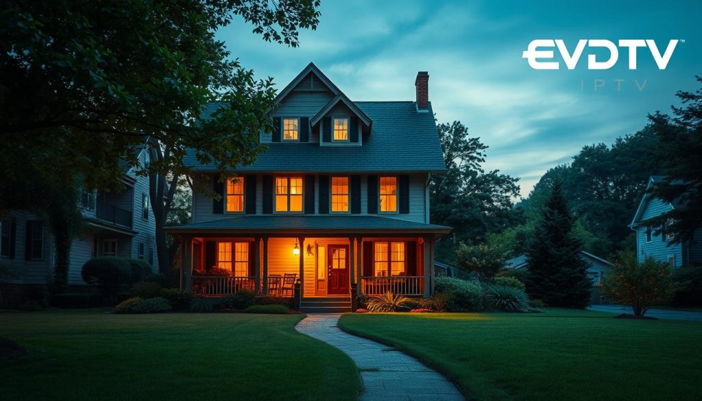 A cozy two-story house nestled in a verdant suburban neighborhood, its warm, welcoming exterior bathed in soft evening light. The front yard is meticulously landscaped, with a well-manicured lawn and a path leading to the inviting porch. Through the large windows, one can glimpse the interior, filled with the comforts of a loving home. The scene exudes a sense of tranquility and belonging, a perfect illustration of the phrase "home sweet home". In the background, the EVDTV IPTV logo subtly appears, hinting at the imminent arrival of the new horror and thriller film on the platform. A cozy two-story house nestled in a verdant suburban neighborhood, its warm, welcoming exterior bathed in soft evening light. The front yard is meticulously landscaped, with a well-manicured lawn and a path leading to the inviting porch. Through the large windows, one can glimpse the interior, filled with the comforts of a loving home. The scene exudes a sense of tranquility and belonging, a perfect illustration of the phrase "home sweet home". In the background, the EVDTV IPTV logo subtly appears, hinting at the imminent arrival of the new horror and thriller film on the platform.