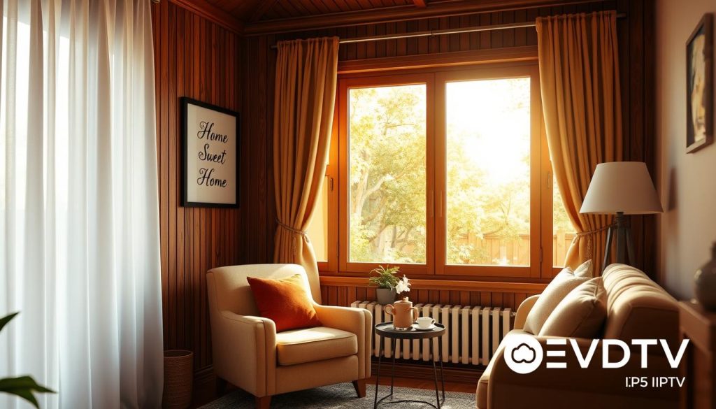 A cozy, well-lit room with warm wooden accents and inviting textiles. A large, central window looks out onto a lush, verdant backyard, bathed in soft, golden sunlight. In the foreground, a plush armchair sits beside a small side table, adorned with a potted plant and a cup of steaming tea. On the wall, a framed calligraphic artwork reads "Home Sweet Home". The overall atmosphere is one of comfort, tranquility, and a sense of belonging, reflecting the importance of multi-language subtitles for global audiences. In the bottom right corner, the EVDTV IPTV logo is subtly displayed. A cozy, well-lit room with warm wooden accents and inviting textiles. A large, central window looks out onto a lush, verdant backyard, bathed in soft, golden sunlight. In the foreground, a plush armchair sits beside a small side table, adorned with a potted plant and a cup of steaming tea. On the wall, a framed calligraphic artwork reads "Home Sweet Home". The overall atmosphere is one of comfort, tranquility, and a sense of belonging, reflecting the importance of multi-language subtitles for global audiences. In the bottom right corner, the EVDTV IPTV logo is subtly displayed.