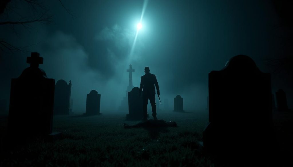 A dark, eerie scene in a cemetery at night. Shadows loom over crumbling gravestones, fog curls around tombstones. A single beam of moonlight illuminates the body of a victim, lying in the grass. The killer's silhouette stands nearby, a glint of a knife in their hand. The atmosphere is tense, unsettling. Camera angle low, creating a sense of unease. Cinematic lighting, dramatic shadows. EVDTV IPTV A dark, eerie scene in a cemetery at night. Shadows loom over crumbling gravestones, fog curls around tombstones. A single beam of moonlight illuminates the body of a victim, lying in the grass. The killer's silhouette stands nearby, a glint of a knife in their hand. The atmosphere is tense, unsettling. Camera angle low, creating a sense of unease. Cinematic lighting, dramatic shadows. EVDTV IPTV