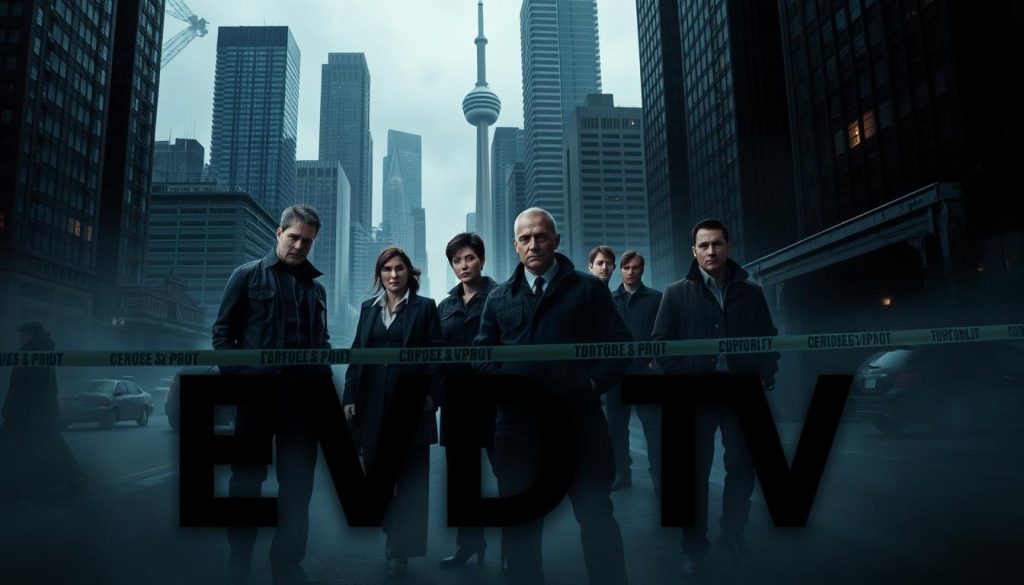 A dark, gritty scene set in the heart of Toronto's urban landscape. The EVDTV IPTV logo prominently displayed in the foreground, casting an ominous presence. In the middle ground, a group of detectives from the Law & Order: Toronto: Criminal Intent team, their expressions intense as they investigate a crime scene, the city's towering skyscrapers looming in the background. Moody lighting, deep shadows, and a sense of foreboding atmosphere envelop the entire composition, emphasizing the serious nature of the case at hand. A dark, gritty scene set in the heart of Toronto's urban landscape. The EVDTV IPTV logo prominently displayed in the foreground, casting an ominous presence. In the middle ground, a group of detectives from the Law & Order: Toronto: Criminal Intent team, their expressions intense as they investigate a crime scene, the city's towering skyscrapers looming in the background. Moody lighting, deep shadows, and a sense of foreboding atmosphere envelop the entire composition, emphasizing the serious nature of the case at hand.