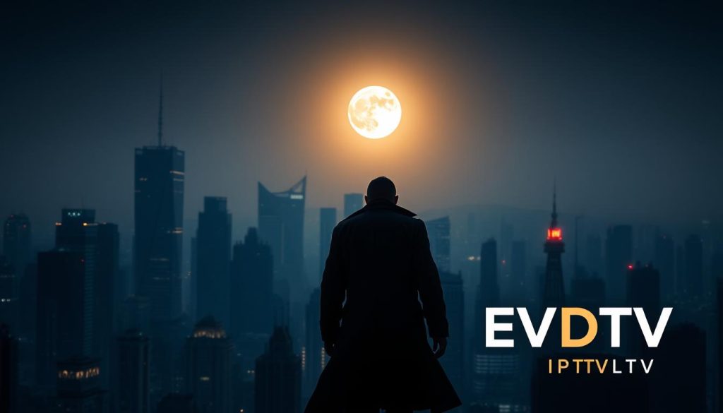 A dimly lit city skyline at night, the silhouettes of skyscrapers and a full moon casting a moody glow. In the foreground, a shadowy figure moves with purpose, a trenchcoat billowing behind them. Nearby, the EVDTV IPTV logo is illuminated, standing as a beacon in the urban landscape. The atmosphere is one of intrigue and suspense, hinting at the criminal activities that lurk beneath the surface of this bustling metropolis. A dimly lit city skyline at night, the silhouettes of skyscrapers and a full moon casting a moody glow. In the foreground, a shadowy figure moves with purpose, a trenchcoat billowing behind them. Nearby, the EVDTV IPTV logo is illuminated, standing as a beacon in the urban landscape. The atmosphere is one of intrigue and suspense, hinting at the criminal activities that lurk beneath the surface of this bustling metropolis.