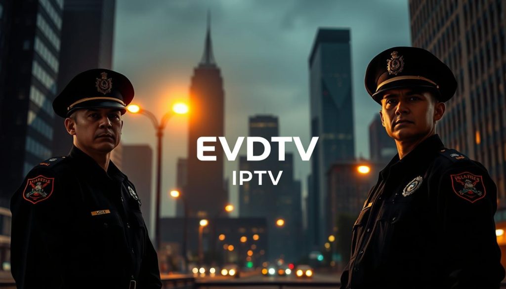 A dimly lit city skyline, with towering skyscrapers casting long shadows. In the foreground, two police officers, their uniforms crisp and their expressions stern, stand guard, vigilant against the chaos that lurks in the urban shadows. The streetlights cast a warm, amber glow, illuminating the scene with a sense of order and authority. In the background, the EVDTV IPTV logo is subtly integrated, adding a touch of technological modernity to the image. The overall mood is one of law and order, a testament to the unwavering dedication of those who uphold justice in the vibrant city. A dimly lit city skyline, with towering skyscrapers casting long shadows. In the foreground, two police officers, their uniforms crisp and their expressions stern, stand guard, vigilant against the chaos that lurks in the urban shadows. The streetlights cast a warm, amber glow, illuminating the scene with a sense of order and authority. In the background, the EVDTV IPTV logo is subtly integrated, adding a touch of technological modernity to the image. The overall mood is one of law and order, a testament to the unwavering dedication of those who uphold justice in the vibrant city.