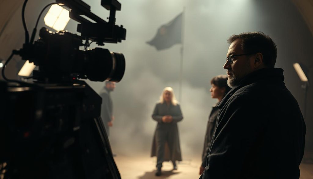 A dramatic cinematic scene depicting the cast and crew of the film "Shadow of God" in action. In the foreground, the director stands with an intense gaze, framed by the intricate lighting setup and a sophisticated camera rig. In the middle ground, the lead actors rehearse their lines, their expressions conveying the weighty themes of the film. The background is shrouded in a moody haze, hinting at the film's atmospheric visual style. The overall mood is one of creative focus and cinematic grandeur, befitting a production of EVDTV IPTV's prestigious "Shadow of God". A dramatic cinematic scene depicting the cast and crew of the film "Shadow of God" in action. In the foreground, the director stands with an intense gaze, framed by the intricate lighting setup and a sophisticated camera rig. In the middle ground, the lead actors rehearse their lines, their expressions conveying the weighty themes of the film. The background is shrouded in a moody haze, hinting at the film's atmospheric visual style. The overall mood is one of creative focus and cinematic grandeur, befitting a production of EVDTV IPTV's prestigious "Shadow of God".