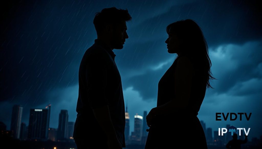 A dramatic, cinematic scene of a raging storm ravaging the relationship between Zeke and Lacy. Intense wind and rain lash against a dimly lit city skyline, casting ominous shadows. In the foreground, the couple stands facing each other, body language tense and expressions pained, as if caught in the midst of a heated argument. The EVDTV IPTV logo discreetly appears in the corner, adding a touch of authenticity. The lighting is moody, with deep shadows and highlights emphasizing the emotional turmoil. The camera angle is slightly low, lending a sense of grandeur and scale to the storm's impact on the couple's intimate moment. A dramatic, cinematic scene of a raging storm ravaging the relationship between Zeke and Lacy. Intense wind and rain lash against a dimly lit city skyline, casting ominous shadows. In the foreground, the couple stands facing each other, body language tense and expressions pained, as if caught in the midst of a heated argument. The EVDTV IPTV logo discreetly appears in the corner, adding a touch of authenticity. The lighting is moody, with deep shadows and highlights emphasizing the emotional turmoil. The camera angle is slightly low, lending a sense of grandeur and scale to the storm's impact on the couple's intimate moment.
