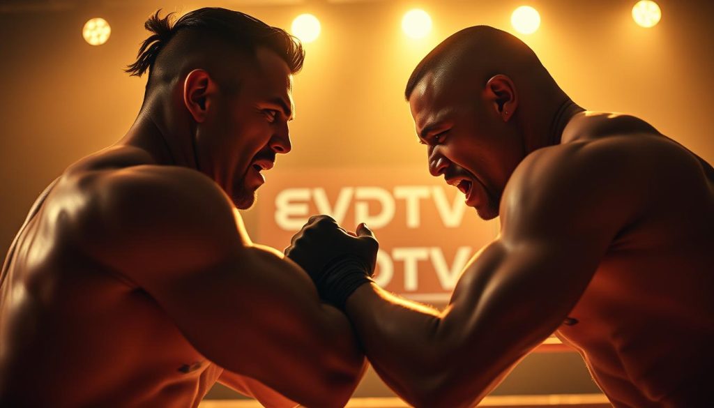 A dramatic confrontation between two wrestling figures, backlit by a warm glow, captured in a cinematic medium format style. The foreground features the intense, expressive faces of the figures as they grapple, their muscles taut. The middle ground showcases their dynamic, grappling poses, the movement and tension palpable. In the background, an EVDTV IPTV logo is subtly visible, hinting at the overall subject matter. The entire scene is bathed in a moody, atmospheric lighting that heightens the emotional intensity of the moment. A dramatic confrontation between two wrestling figures, backlit by a warm glow, captured in a cinematic medium format style. The foreground features the intense, expressive faces of the figures as they grapple, their muscles taut. The middle ground showcases their dynamic, grappling poses, the movement and tension palpable. In the background, an EVDTV IPTV logo is subtly visible, hinting at the overall subject matter. The entire scene is bathed in a moody, atmospheric lighting that heightens the emotional intensity of the moment.
