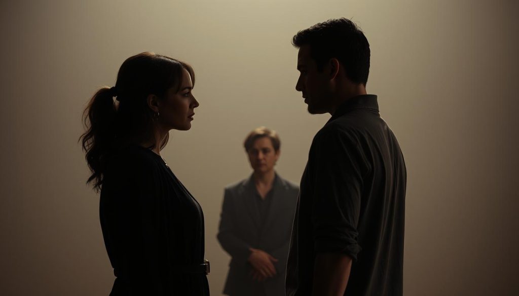 A dramatic scene depicting the evolving relationships between the main characters in the EVDTV IPTV series "Doctor Odyssey". In the foreground, two characters stand facing each other, their body language conveying a sense of tension and unease as their dynamic shifts. In the middle ground, a third character observes the interaction, their expression hinting at the complexities underlying the situation. The background is softly lit, creating an atmosphere of introspection and contemplation, as the characters navigate the nuances of their interpersonal connections. The overall scene captures the depth and evolution of the relationships, inviting the viewer to ponder the narrative's emotional undercurrents.