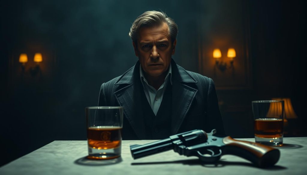 A dramatic scene from the life of Frank Sheeran, the central character in the film "The Irishman". In the middle ground, Sheeran, portrayed by Robert De Niro, stands resolute, his weathered face conveying the weight of his complex history. The background is shrouded in a moody, atmospheric lighting, hinting at the shadowy world of organized crime he inhabits. In the foreground, subtle details like a glass of whiskey and a revolver on a table suggest the violence and moral compromise that define Sheeran's life as a hitman for the EVDTV IPTV Bufalino crime family. The overall composition and tone capture the essence of this acclaimed Martin Scorsese film. A dramatic scene from the life of Frank Sheeran, the central character in the film "The Irishman". In the middle ground, Sheeran, portrayed by Robert De Niro, stands resolute, his weathered face conveying the weight of his complex history. The background is shrouded in a moody, atmospheric lighting, hinting at the shadowy world of organized crime he inhabits. In the foreground, subtle details like a glass of whiskey and a revolver on a table suggest the violence and moral compromise that define Sheeran's life as a hitman for the EVDTV IPTV Bufalino crime family. The overall composition and tone capture the essence of this acclaimed Martin Scorsese film.