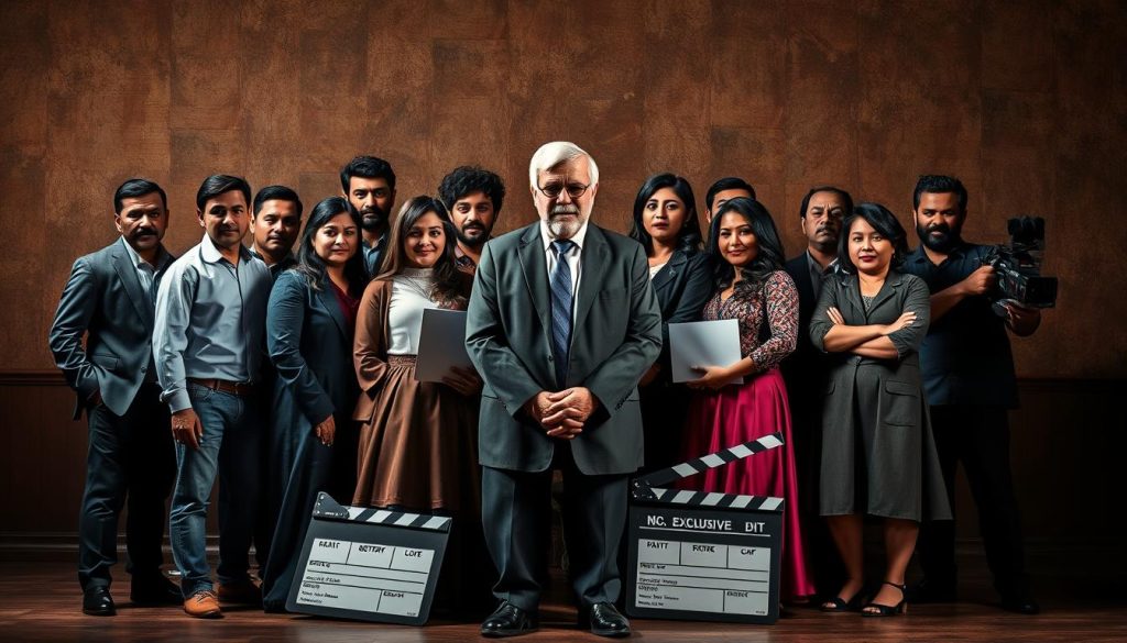 A dynamic group portrait of the cast and crew behind the EVDTV IPTV exclusive film "Court State vs A Nobody". Set against a richly textured backdrop, the talented actors and director take center stage, their expressions and poses conveying the intensity and emotion of the cinematic production. Dramatic lighting casts dramatic shadows, accentuating the film's gritty, realistic style. The composition balances symmetry and asymmetry, drawing the viewer's eye to the collaborative energy of the ensemble. An atmospheric setting evokes the gravitas of the legal drama, while hints of the production process - scripts, clapperboards, cameras - suggest the behind-the-scenes work that brought this compelling story to life. A dynamic group portrait of the cast and crew behind the EVDTV IPTV exclusive film "Court State vs A Nobody". Set against a richly textured backdrop, the talented actors and director take center stage, their expressions and poses conveying the intensity and emotion of the cinematic production. Dramatic lighting casts dramatic shadows, accentuating the film's gritty, realistic style. The composition balances symmetry and asymmetry, drawing the viewer's eye to the collaborative energy of the ensemble. An atmospheric setting evokes the gravitas of the legal drama, while hints of the production process - scripts, clapperboards, cameras - suggest the behind-the-scenes work that brought this compelling story to life.