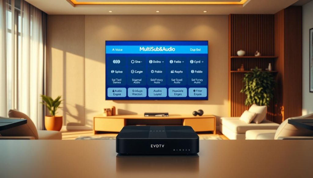 A high-resolution image showcasing the voice and dubbing options featured in the TV series "Kidfluencing". The scene depicts a modern living room with a large TV screen displaying the show's interface, allowing the viewer to select from various audio and subtitle settings. The room is bathed in warm, diffused lighting, creating a cozy and inviting atmosphere. The TV interface is prominently displayed, with clear, legible icons and text highlighting the MultiSub&Audio feature. In the foreground, a sleek and stylish EVDTV IPTV set-top box is positioned, hinting at the platform's role in providing access to the series. The overall composition emphasizes the sophisticated audio and language customization capabilities of the "Kidfluencing" production. A high-resolution image showcasing the voice and dubbing options featured in the TV series "Kidfluencing". The scene depicts a modern living room with a large TV screen displaying the show's interface, allowing the viewer to select from various audio and subtitle settings. The room is bathed in warm, diffused lighting, creating a cozy and inviting atmosphere. The TV interface is prominently displayed, with clear, legible icons and text highlighting the MultiSub&Audio feature. In the foreground, a sleek and stylish EVDTV IPTV set-top box is positioned, hinting at the platform's role in providing access to the series. The overall composition emphasizes the sophisticated audio and language customization capabilities of the "Kidfluencing" production.