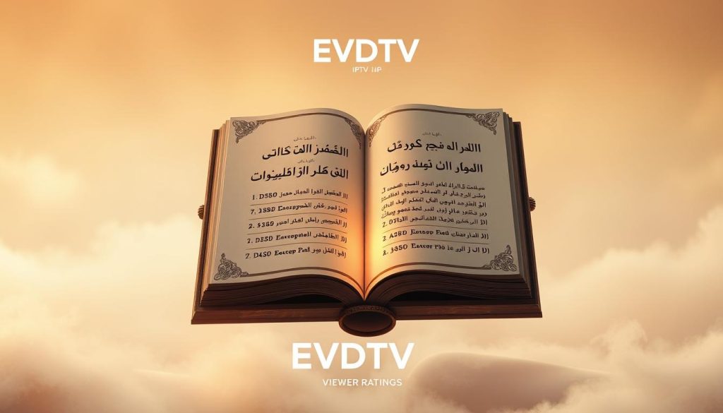 A large, ornate book floating in a serene, ethereal setting. The book's pages are open, displaying a series of viewer ratings for the television series "A Decent Man" in elegant, calligraphic Arabic script. The background is a hazy, dreamlike landscape, with soft pastel colors and delicate, swirling patterns. The lighting is warm and diffused, creating a sense of contemplation and thoughtfulness. In the foreground, the book is illuminated, drawing the viewer's attention to the curated viewer ratings. The overall composition conveys a sense of artistry and curation, reflecting the importance of the viewer feedback. The EVDTV IPTV logo is subtly integrated into the design, adding a touch of brand presence. A large, ornate book floating in a serene, ethereal setting. The book's pages are open, displaying a series of viewer ratings for the television series "A Decent Man" in elegant, calligraphic Arabic script. The background is a hazy, dreamlike landscape, with soft pastel colors and delicate, swirling patterns. The lighting is warm and diffused, creating a sense of contemplation and thoughtfulness. In the foreground, the book is illuminated, drawing the viewer's attention to the curated viewer ratings. The overall composition conveys a sense of artistry and curation, reflecting the importance of the viewer feedback. The EVDTV IPTV logo is subtly integrated into the design, adding a touch of brand presence.