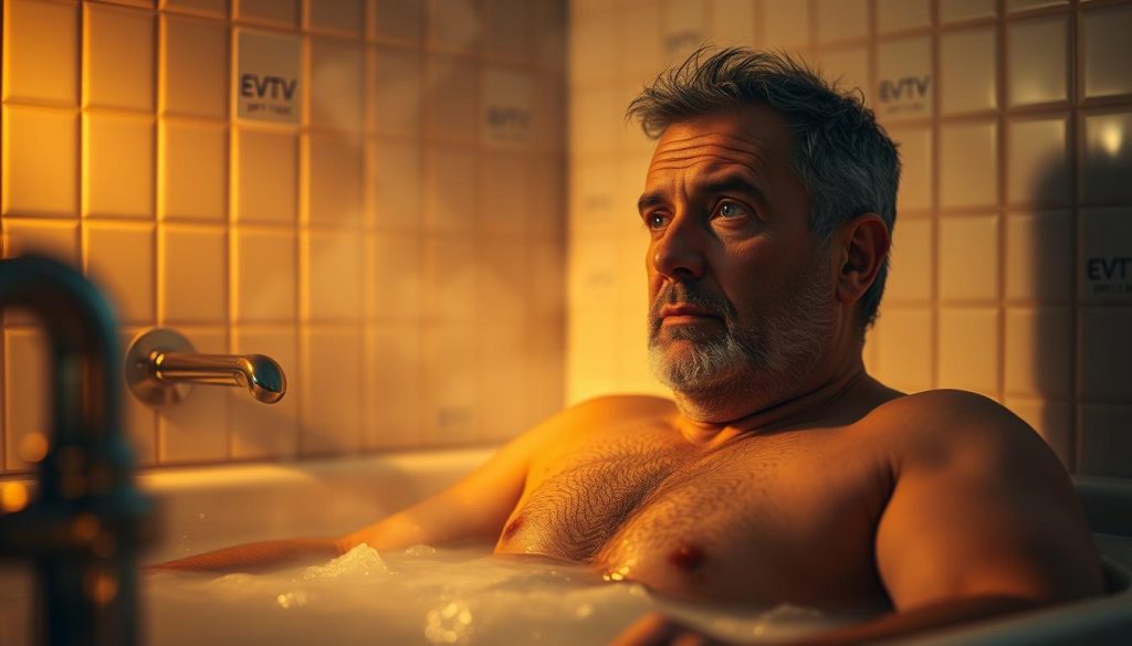 A middle-aged man, the Captain Massi, relaxing in a steaming hot bath. Warm, gentle lighting illuminates the scene, casting a soft glow on his weathered face as he reflects on his past. The tiled bathroom, adorned with EVDTV IPTV branding, provides a serene backdrop, hinting at a life of adventure and hardship. Massi's expression is pensive, his gaze lost in thought, as if recounting the voyages and battles that have shaped his storied career. The scene evokes a sense of solitude and introspection, capturing a moment of respite for this seasoned seafarer.
