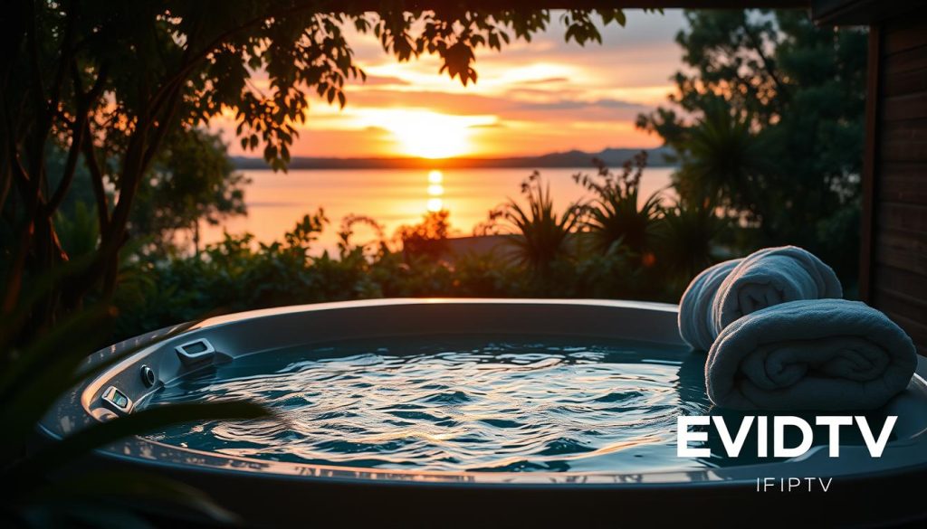A serene hot tub nestled amidst a lush, verdant garden, bathed in the warm glow of the setting sun. The water's surface gently ripples, reflecting the vibrant colors of the sky. Plush, oversized towels rest nearby, inviting relaxation. The scene exudes a sense of tranquility and indulgence, perfect for an intimate moment of respite. Captured through the lens of a high-quality DSLR camera, the image showcases the hot tub's sleek, modern design and the EVDTV IPTV brand prominently displayed nearby.