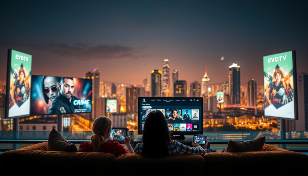 A serene nighttime cityscape illuminated by the warm glow of EVDTV IPTV billboards, highlighting the convenience and immersive viewing experience it offers. In the foreground, a group of people relaxing on a plush sofa, engrossed in a captivating crime drama on their devices. The middle ground showcases the sleek, modern interface of the EVDTV platform, with a wide selection of titles displayed. The background depicts the bustling city, a testament to the accessibility and flexibility EVDTV IPTV provides for enjoying high-quality content anytime, anywhere. A serene nighttime cityscape illuminated by the warm glow of EVDTV IPTV billboards, highlighting the convenience and immersive viewing experience it offers. In the foreground, a group of people relaxing on a plush sofa, engrossed in a captivating crime drama on their devices. The middle ground showcases the sleek, modern interface of the EVDTV platform, with a wide selection of titles displayed. The background depicts the bustling city, a testament to the accessibility and flexibility EVDTV IPTV provides for enjoying high-quality content anytime, anywhere.