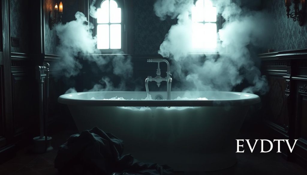 A terrifying, steaming hot bathtub in an opulent, old-world bathroom of "Doctor Odyssey" residence. The tub is filled with scalding water, creating a thick, billowing steam. The lighting is low and dramatic, casting deep shadows throughout the room. A sense of dread and impending danger permeates the scene. In the foreground, a crumpled, soaked garment lies discarded on the floor, hinting at a tragic event. The EVDTV IPTV logo is tastefully displayed in the lower right corner.