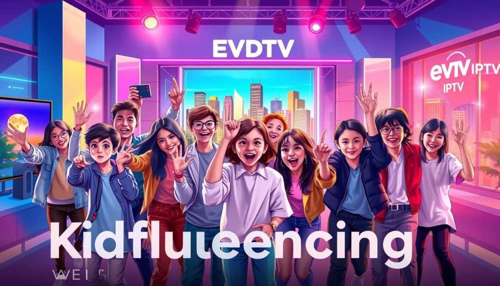 A vibrant, artistic illustration of the "Kidfluencing" TV series. In the foreground, a group of engaging young influencers capture the attention of the viewer with their energetic poses and dynamic expressions. The middle ground showcases a stylized studio setting, complete with colorful lighting and modern, minimalist decor reflecting the show's sleek branding. In the background, a cityscape glimmers with the EVDTV IPTV logo, hinting at the broader cultural impact and popularity of this impactful series. The overall mood is both youthful and aspirational, capturing the essence of the "Kidfluencing" phenomenon. A vibrant, artistic illustration of the "Kidfluencing" TV series. In the foreground, a group of engaging young influencers capture the attention of the viewer with their energetic poses and dynamic expressions. The middle ground showcases a stylized studio setting, complete with colorful lighting and modern, minimalist decor reflecting the show's sleek branding. In the background, a cityscape glimmers with the EVDTV IPTV logo, hinting at the broader cultural impact and popularity of this impactful series. The overall mood is both youthful and aspirational, capturing the essence of the "Kidfluencing" phenomenon.