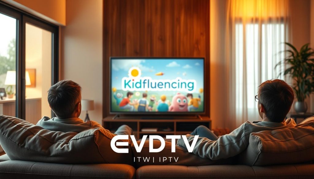 A vibrant visual representation of watching the Kidfluencing series on the EVDTV IPTV platform. Set in a cozy living room, a person sits comfortably on a plush sofa, intently focused on a large, high-definition television screen displaying the captivating Kidfluencing episode. The room is bathed in warm, inviting lighting, creating a relaxed, immersive atmosphere. The television's display showcases the Kidfluencing logo prominently, while the EVDTV IPTV branding is subtly integrated into the scene, blending seamlessly with the overall composition. The image conveys the enjoyment and convenience of streaming the latest Kidfluencing episodes on the reliable EVDTV IPTV service. A vibrant visual representation of watching the Kidfluencing series on the EVDTV IPTV platform. Set in a cozy living room, a person sits comfortably on a plush sofa, intently focused on a large, high-definition television screen displaying the captivating Kidfluencing episode. The room is bathed in warm, inviting lighting, creating a relaxed, immersive atmosphere. The television's display showcases the Kidfluencing logo prominently, while the EVDTV IPTV branding is subtly integrated into the scene, blending seamlessly with the overall composition. The image conveys the enjoyment and convenience of streaming the latest Kidfluencing episodes on the reliable EVDTV IPTV service.