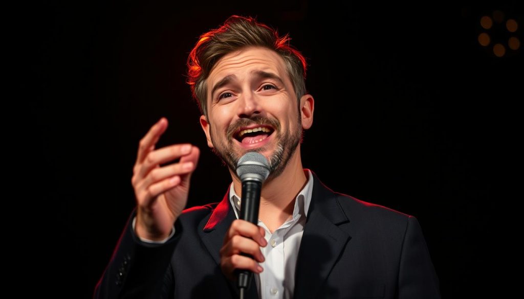 Witty and charismatic comedian performing on a dimly lit stage, with a single spotlight illuminating their face, creating a warm, intimate atmosphere. The comedian is gesturing expressively, their facial features animated and captivating. The background is blurred, drawing the viewer's attention to the performer's performance. The lighting is dramatic, casting shadows that add depth and drama to the scene. The overall mood is one of laughter, entertainment, and the thrill of a live comedy show. EVDTV IPTV. Witty and charismatic comedian performing on a dimly lit stage, with a single spotlight illuminating their face, creating a warm, intimate atmosphere. The comedian is gesturing expressively, their facial features animated and captivating. The background is blurred, drawing the viewer's attention to the performer's performance. The lighting is dramatic, casting shadows that add depth and drama to the scene. The overall mood is one of laughter, entertainment, and the thrill of a live comedy show. EVDTV IPTV.